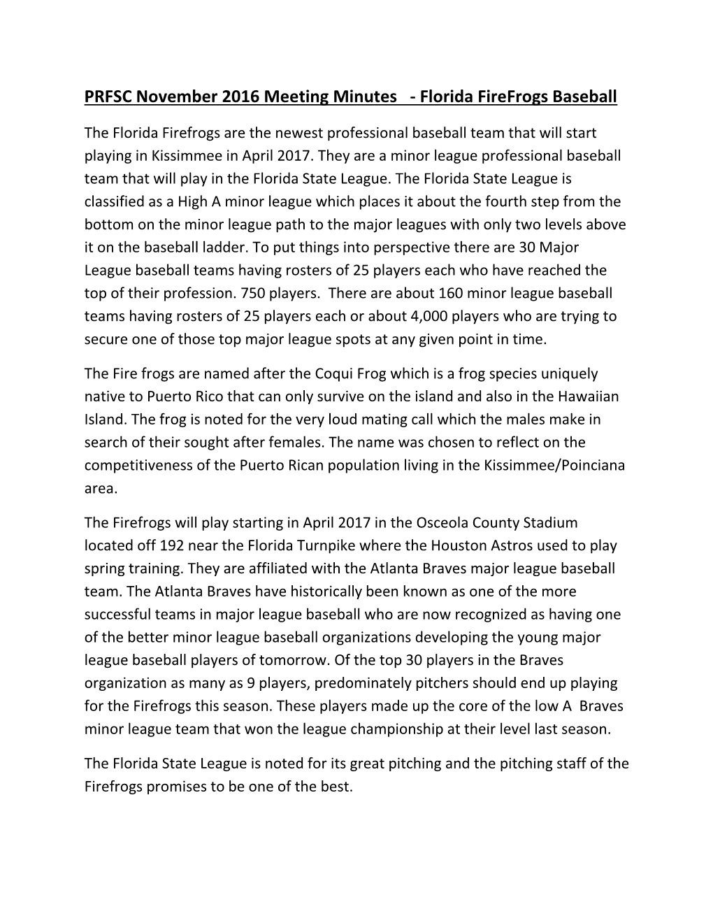 PRFSC November 2016 Meeting Minutes - Florida Firefrogs Baseball