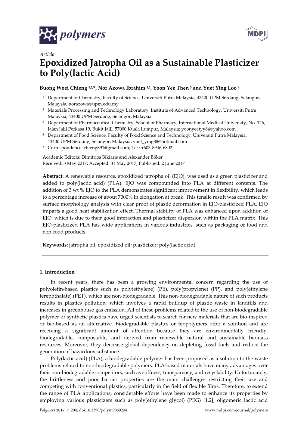 Epoxidized Jatropha Oil As a Sustainable Plasticizer to Poly(Lactic Acid)