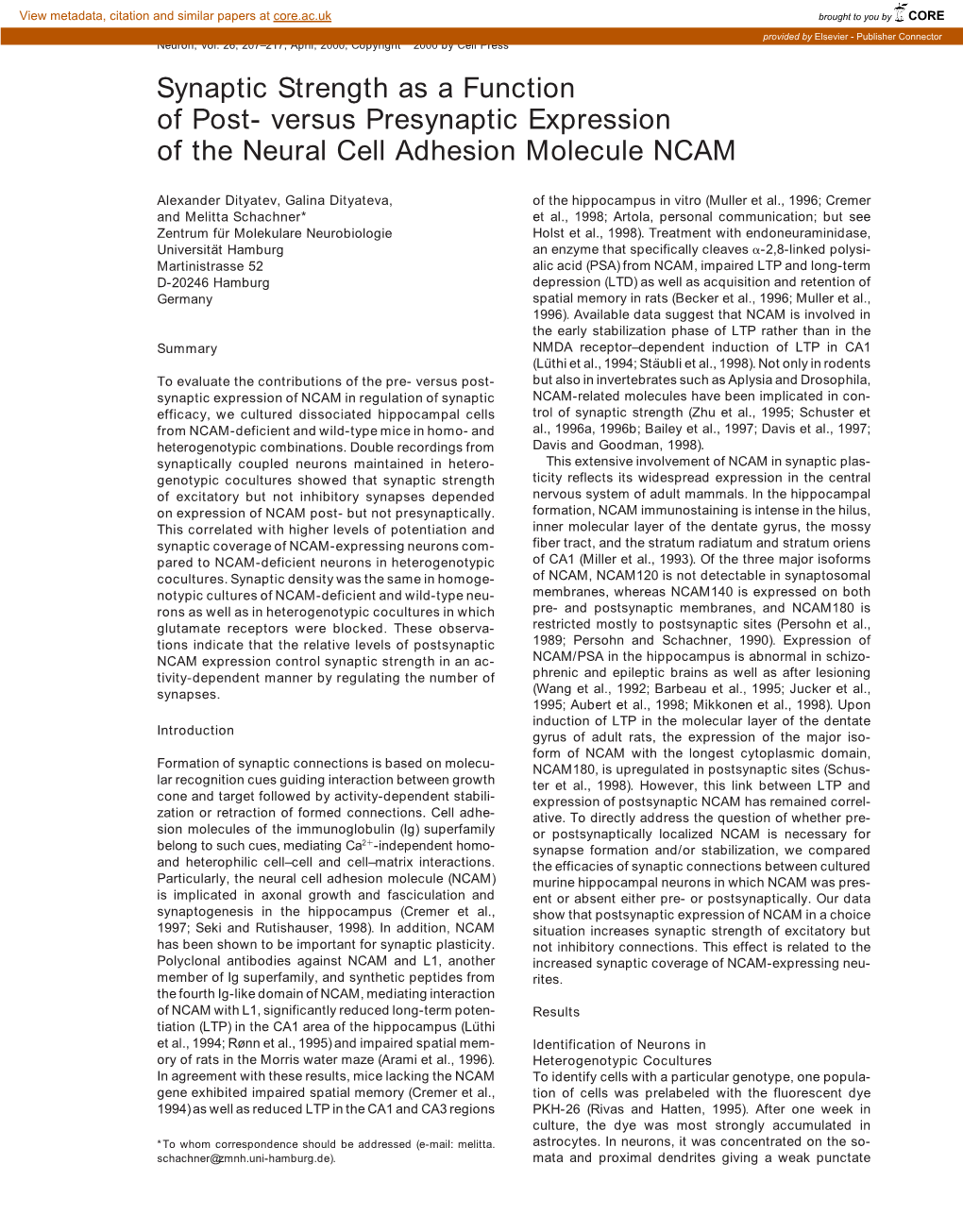 Versus Presynaptic Expression of the Neural Cell Adhesion Molecule NCAM
