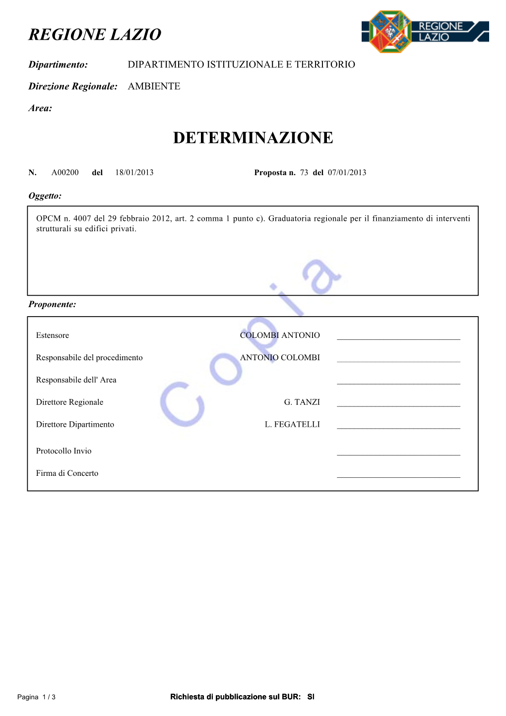 Regione Lazio Determinazione