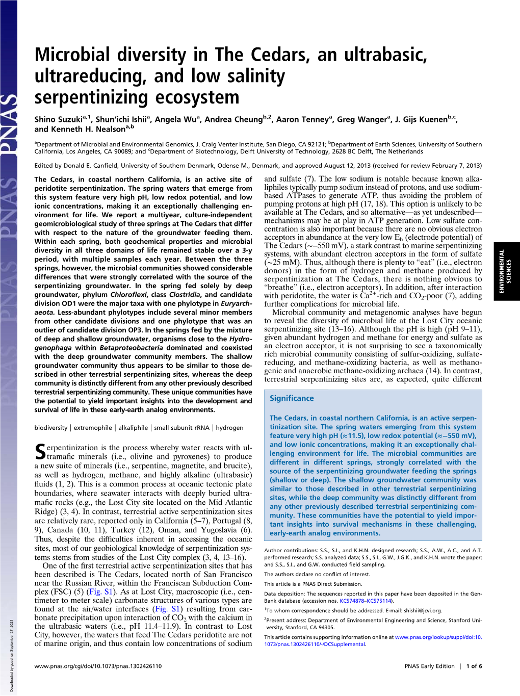 Microbial Diversity in the Cedars, an Ultrabasic, Ultrareducing, and Low Salinity Serpentinizing Ecosystem