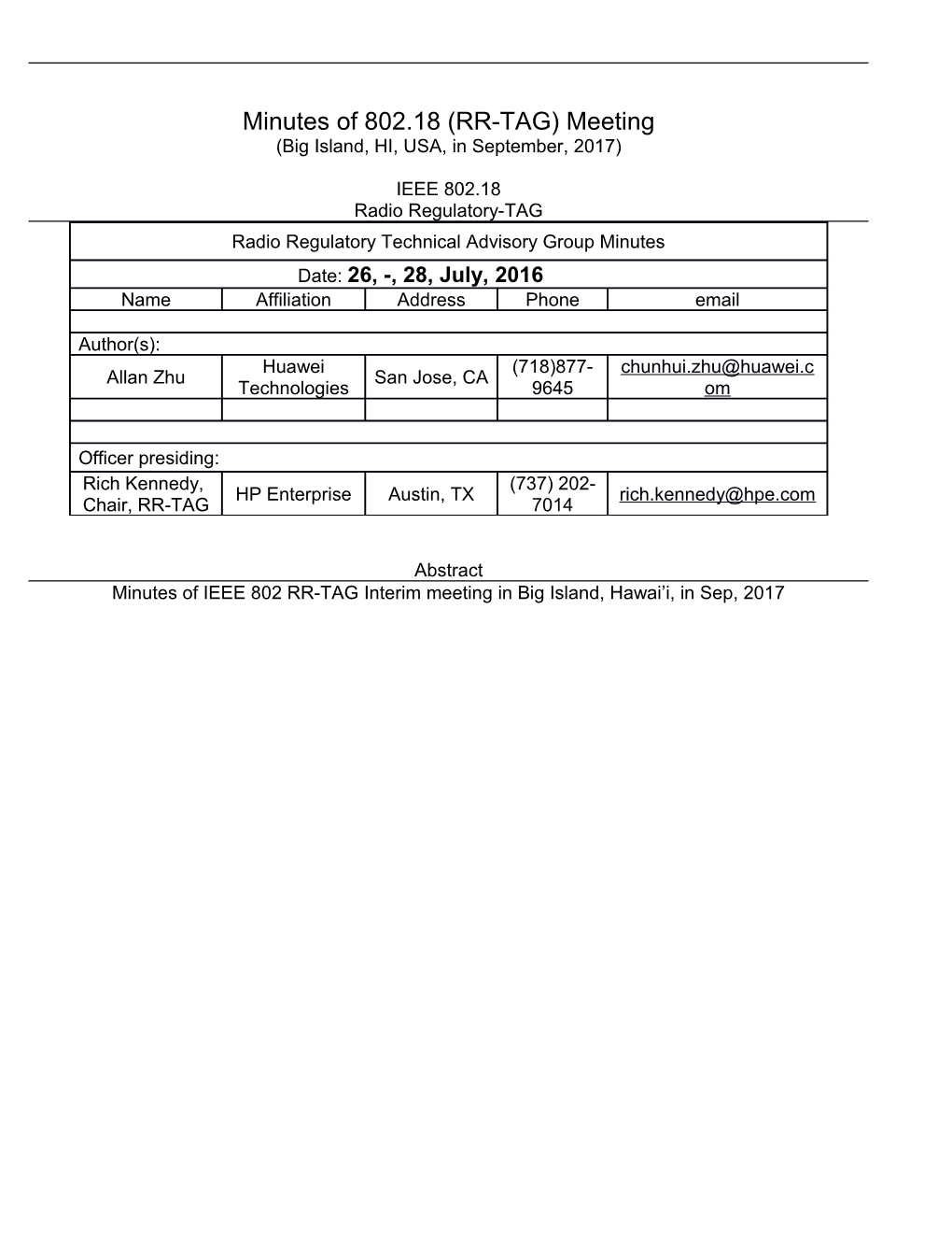 Minutes of 802.18 (RR-TAG) Meeting