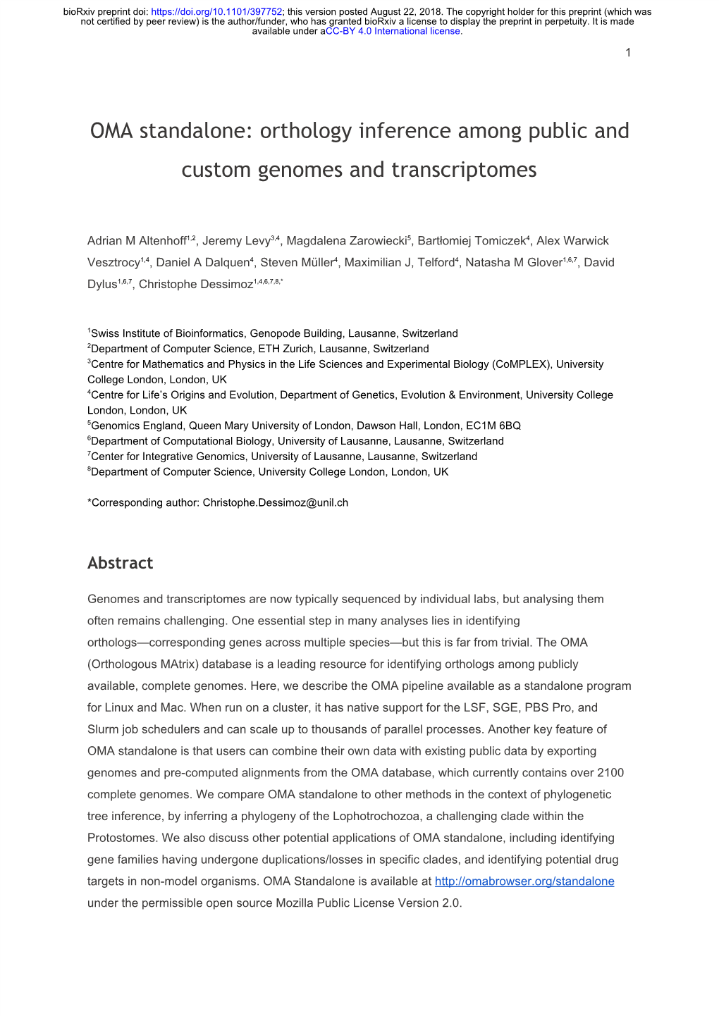 OMA Standalone: Orthology Inference Among Public and Custom Genomes and Transcriptomes