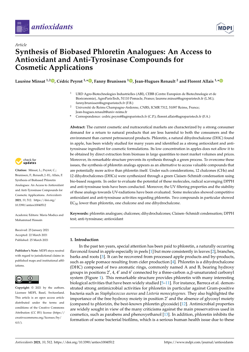 Synthesis of Biobased Phloretin Analogues: an Access to Antioxidant and Anti-Tyrosinase Compounds for Cosmetic Applications