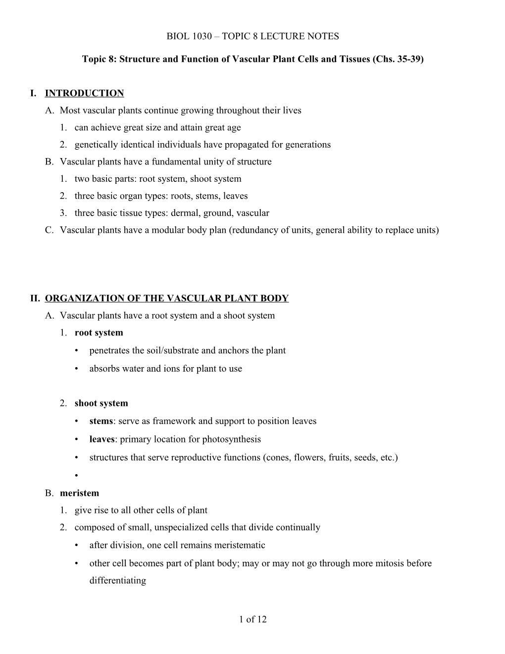 Topic 8: Structure and Function of Vascular Plant Cells and Tissues (Chs