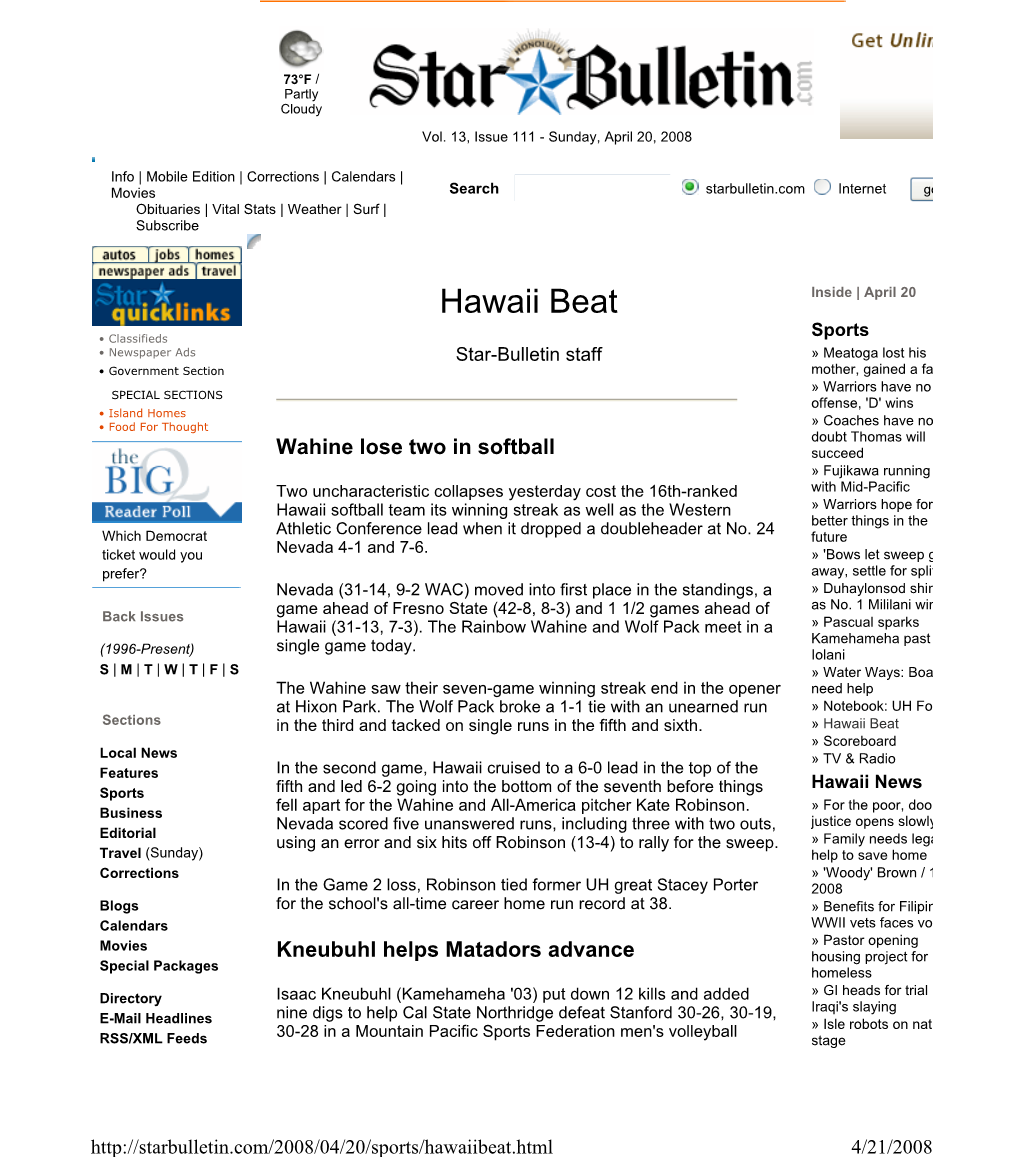 Hawaii Beat | Starbulletin.Com | Sports | /2008/04/20/ Page 1 of 5