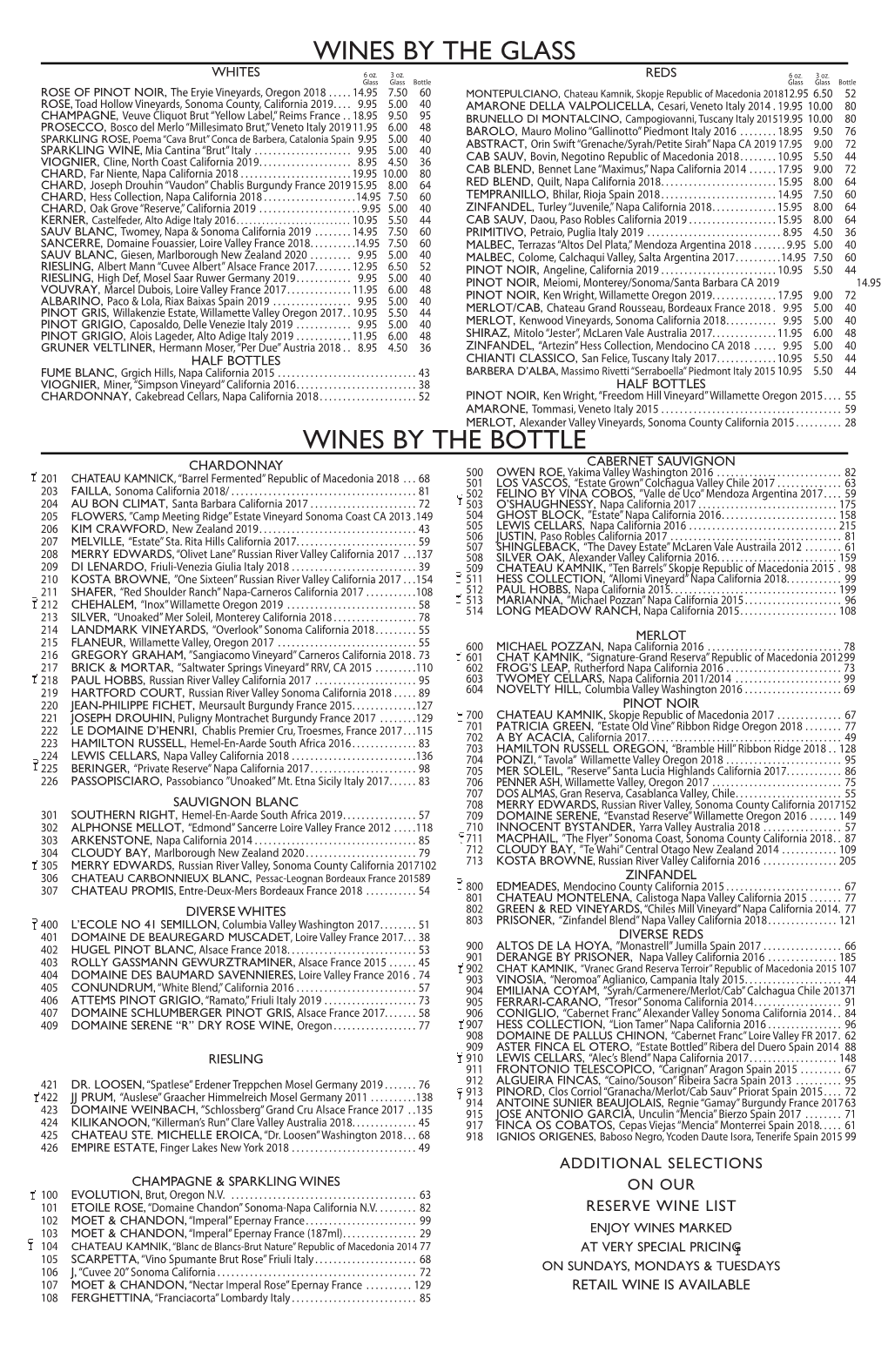 Wines by the Glass Wines by the Bottle