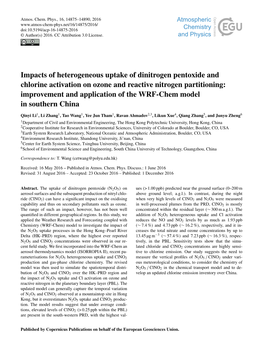 Impacts of Heterogeneous Uptake of Dinitrogen Pentoxide and Chlorine