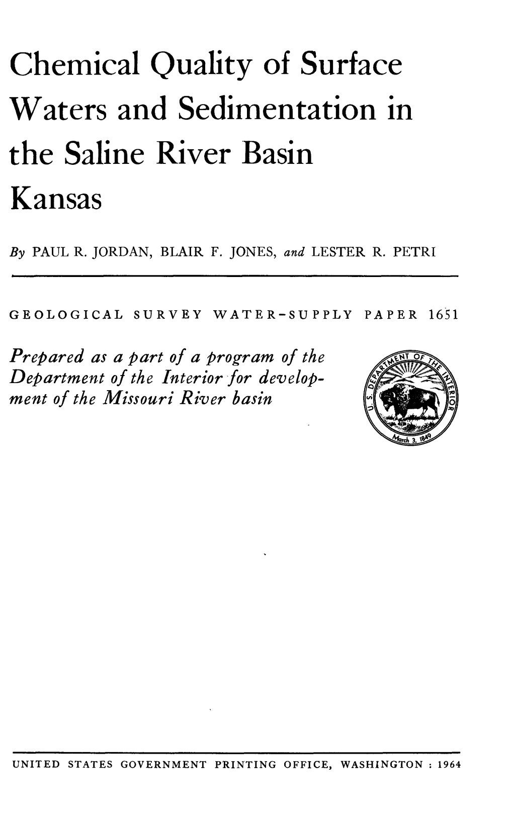 Chemical Quality of Surface Waters and Sedimentation in the Saline River Basin Kansas