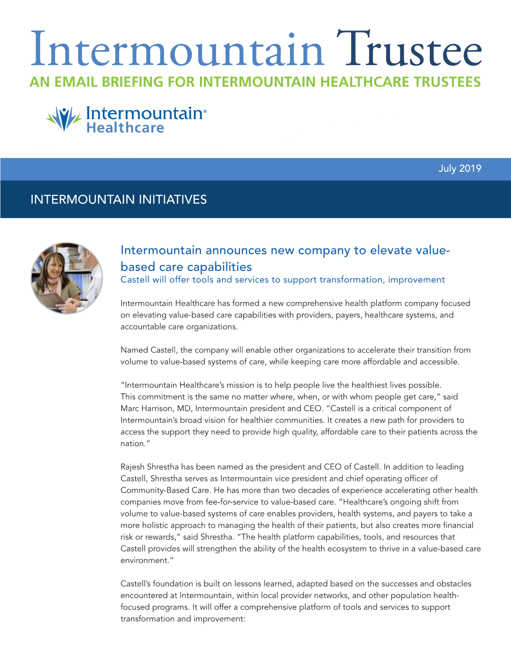 An Email Briefing for Intermountain Healthcare Trustees