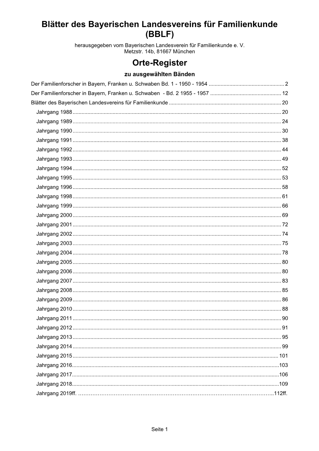 BBLF, Orte-Register Zu Ausgewählten Bänden