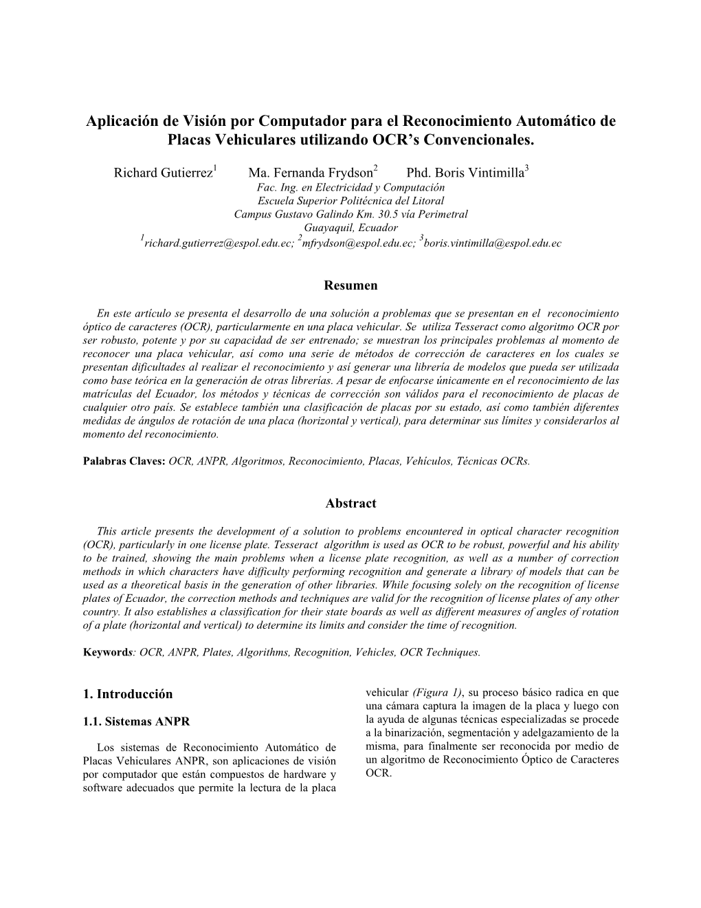 Aplicación De Visión Por Computador Para El Reconocimiento Automático De Placas Vehiculares Utilizando OCR’S Convencionales