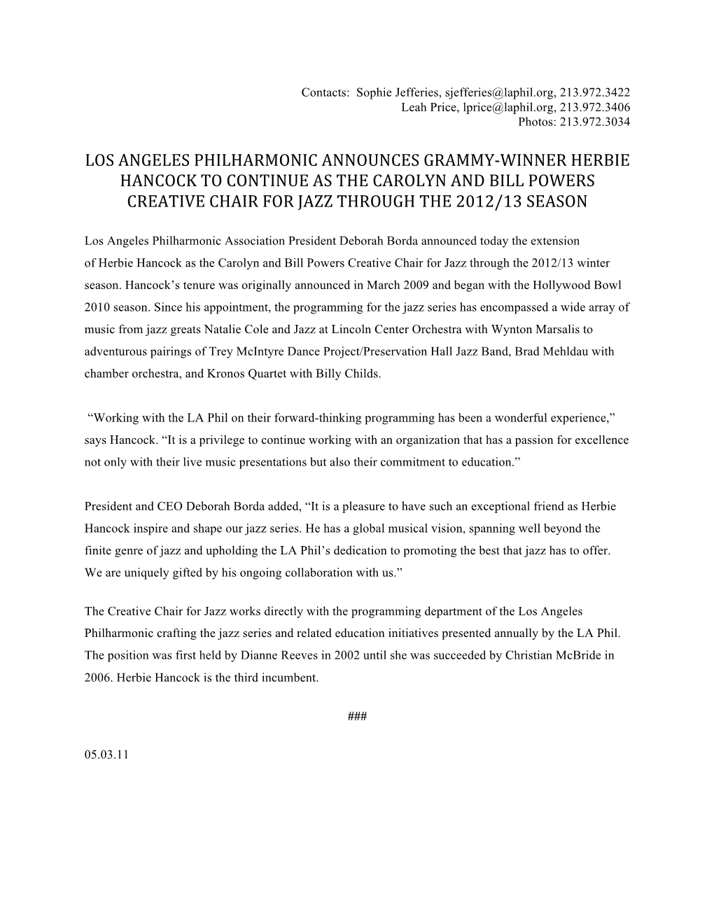 Los Angeles Philharmonic Announces Grammy‐Winner Herbie Hancock to Continue As the Carolyn and Bill Powers Creative Chair for Jazz Through the 2012/13 Season
