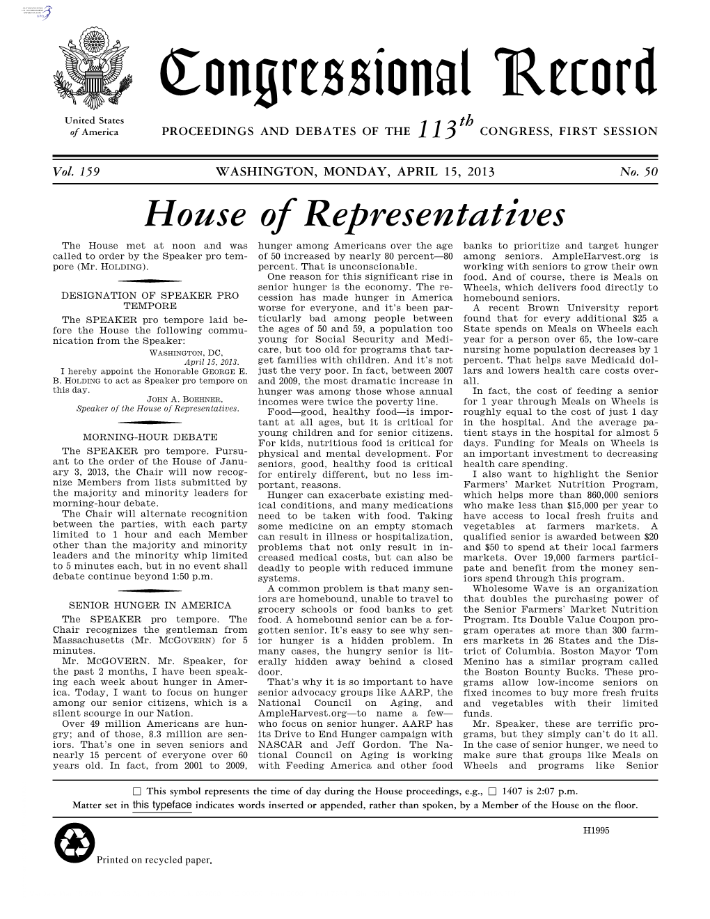 Congressional Record United States Th of America PROCEEDINGS and DEBATES of the 113 CONGRESS, FIRST SESSION