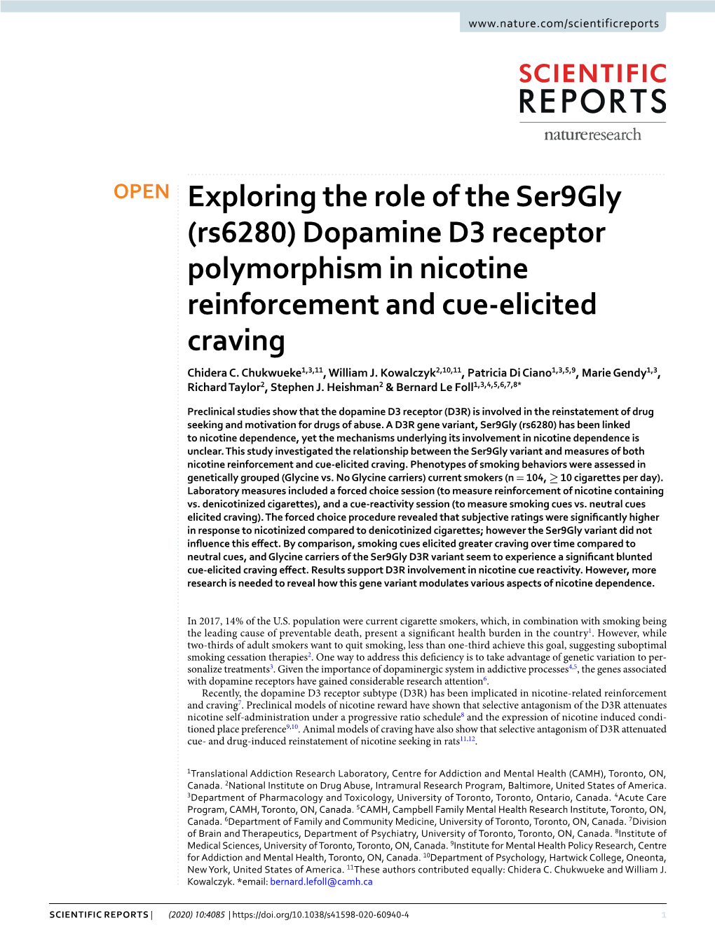 Dopamine D3 Receptor Polymorphism in Nicotine Reinforcement and Cue-Elicited Craving Chidera C