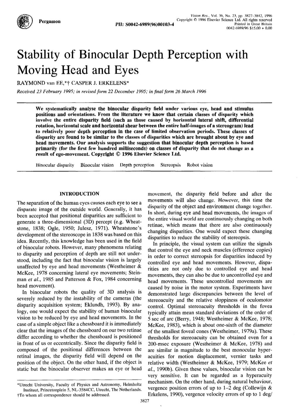 Van Ee (1996) Stability of Binocular Depth Perception with Moving Head