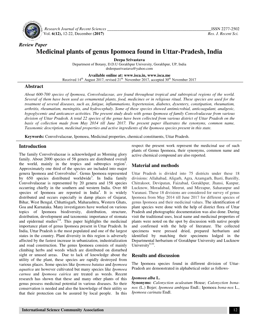 Medicinal Plants of Genus L Plants of Genus Ipomoea Found in Uttar