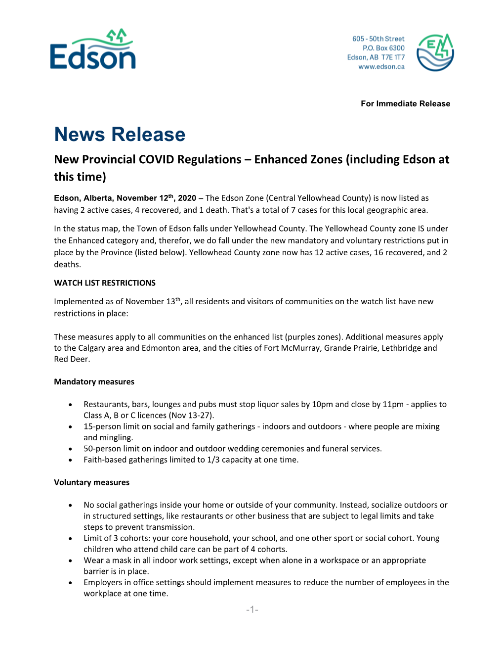 News Release New Provincial COVID Regulations – Enhanced Zones (Including Edson at This Time)