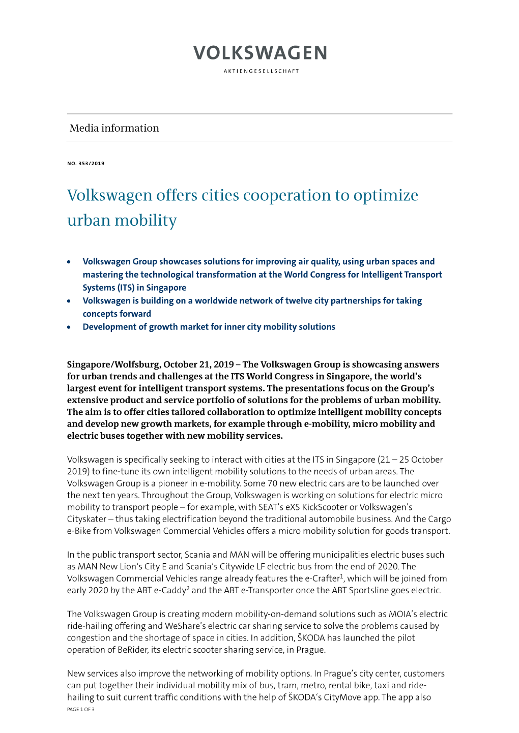 Volkswagen Offers Cities Cooperation to Optimize Urban Mobility