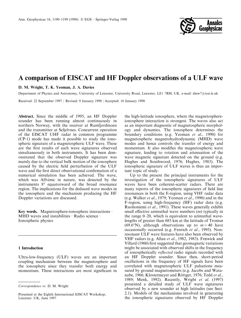 A Comparison of EISCAT and HF Doppler Observations of a ULF Wave D