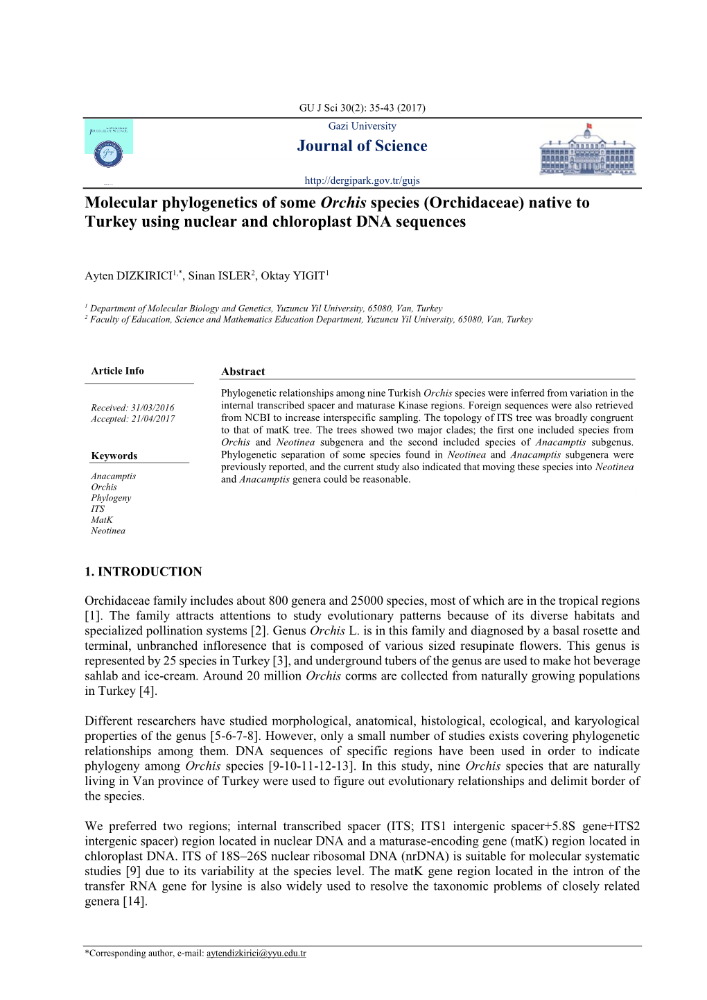 Journal of Science Molecular Phylogenetics of Some Orchis Species