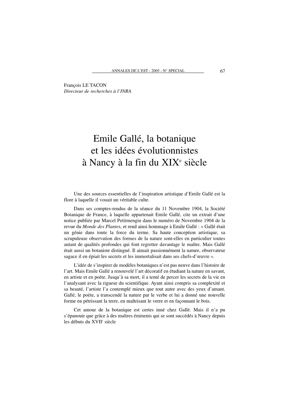 Emile Gallé, La Botanique Et Les Idées Évolutionnistes À Nancy À La Fin Du Xixe Siècle