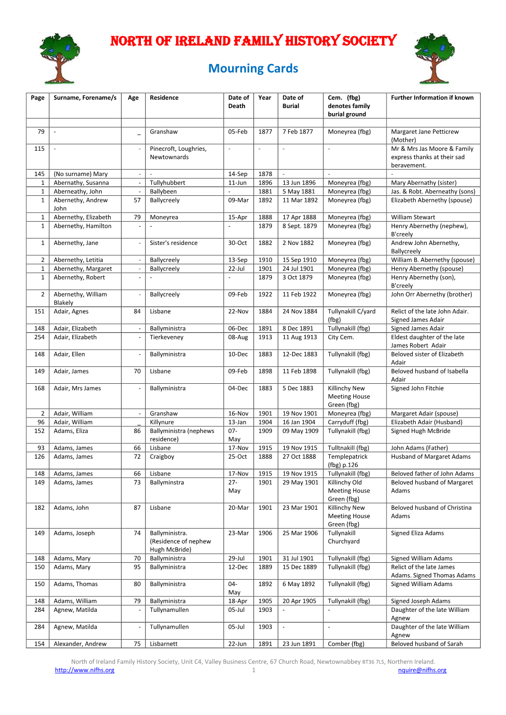 North of Ireland Family History Society Mourning Cards