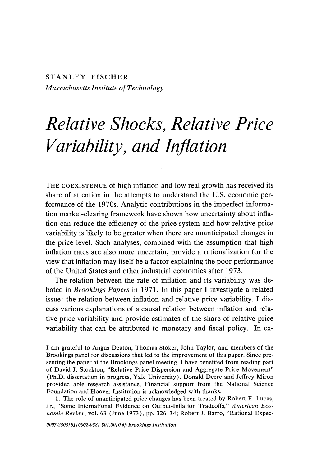 Relative Shocks, Relative Price Variability, and Inflation