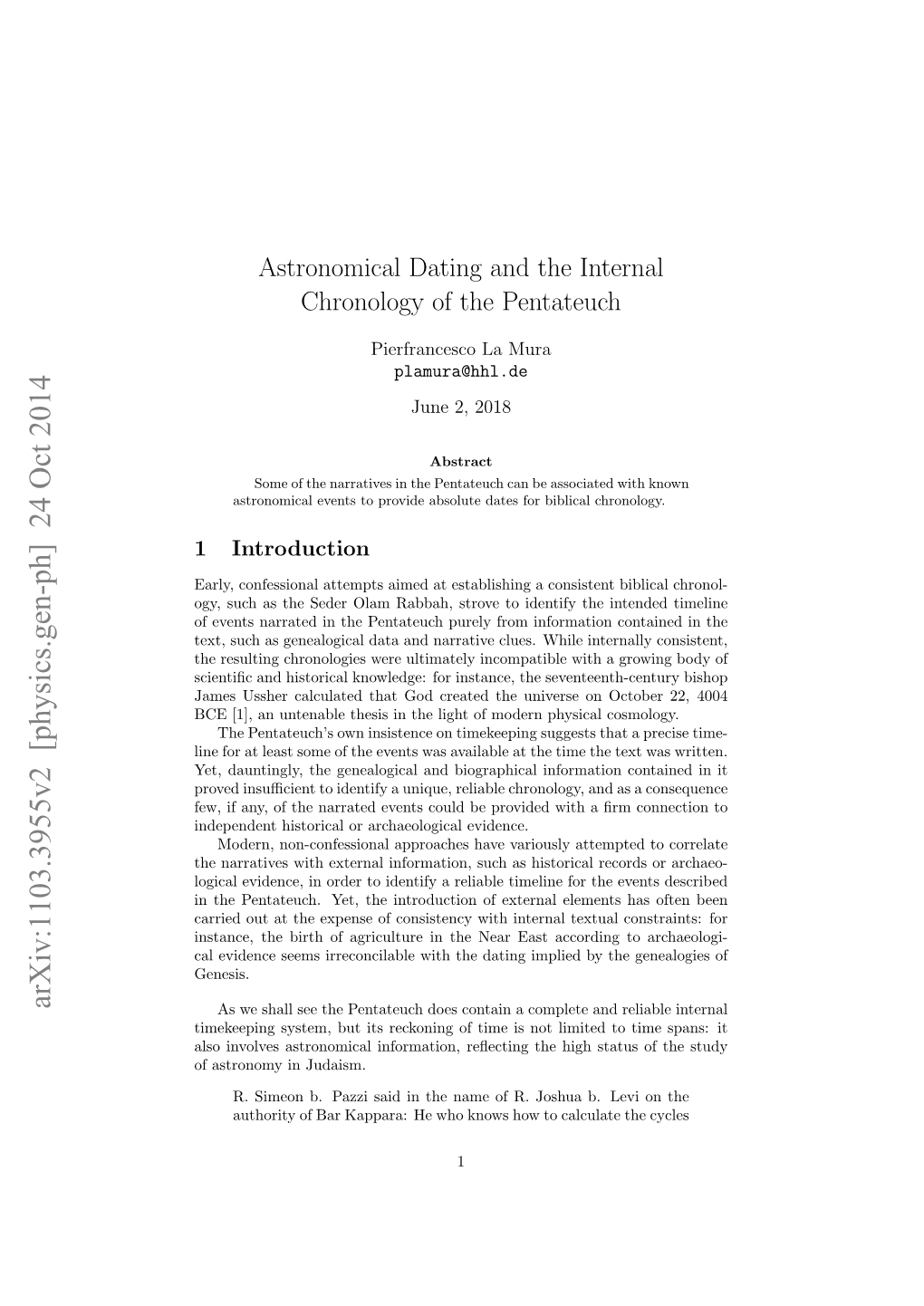 Astronomical Dating and the Internal Chronology of the Pentateuch