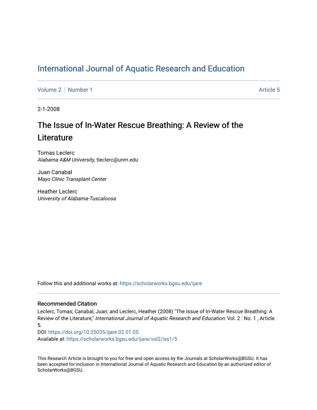 The Issue of In-Water Rescue Breathing: a Review of the Literature