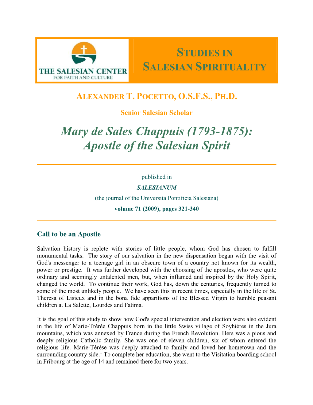 Mary De Sales Chappuis (1793-1875): Apostle of the Salesian Spirit