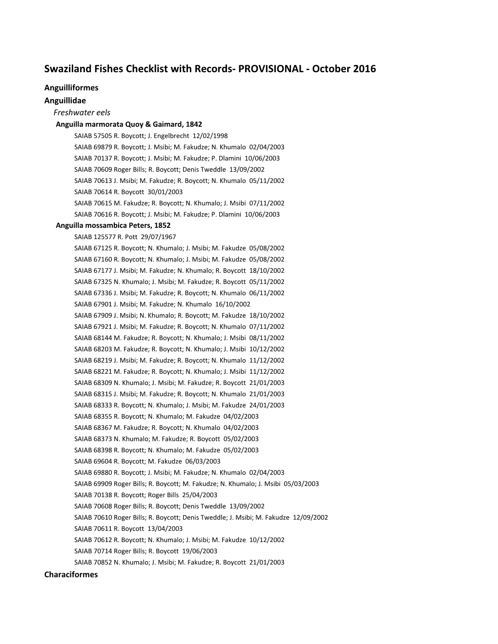 Swaziland Fishes Checklist with Records- PROVISIONAL - October 2016