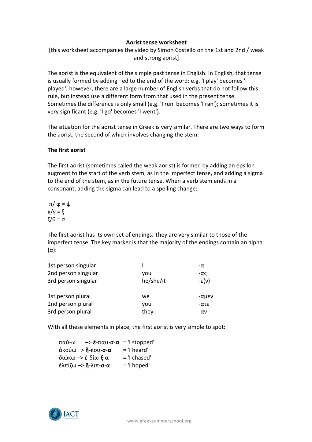 Aorist Tense Worksheet [This Worksheet Accompanies the Video by Simon Costello on the 1St and 2Nd / Weak and Strong Aorist]