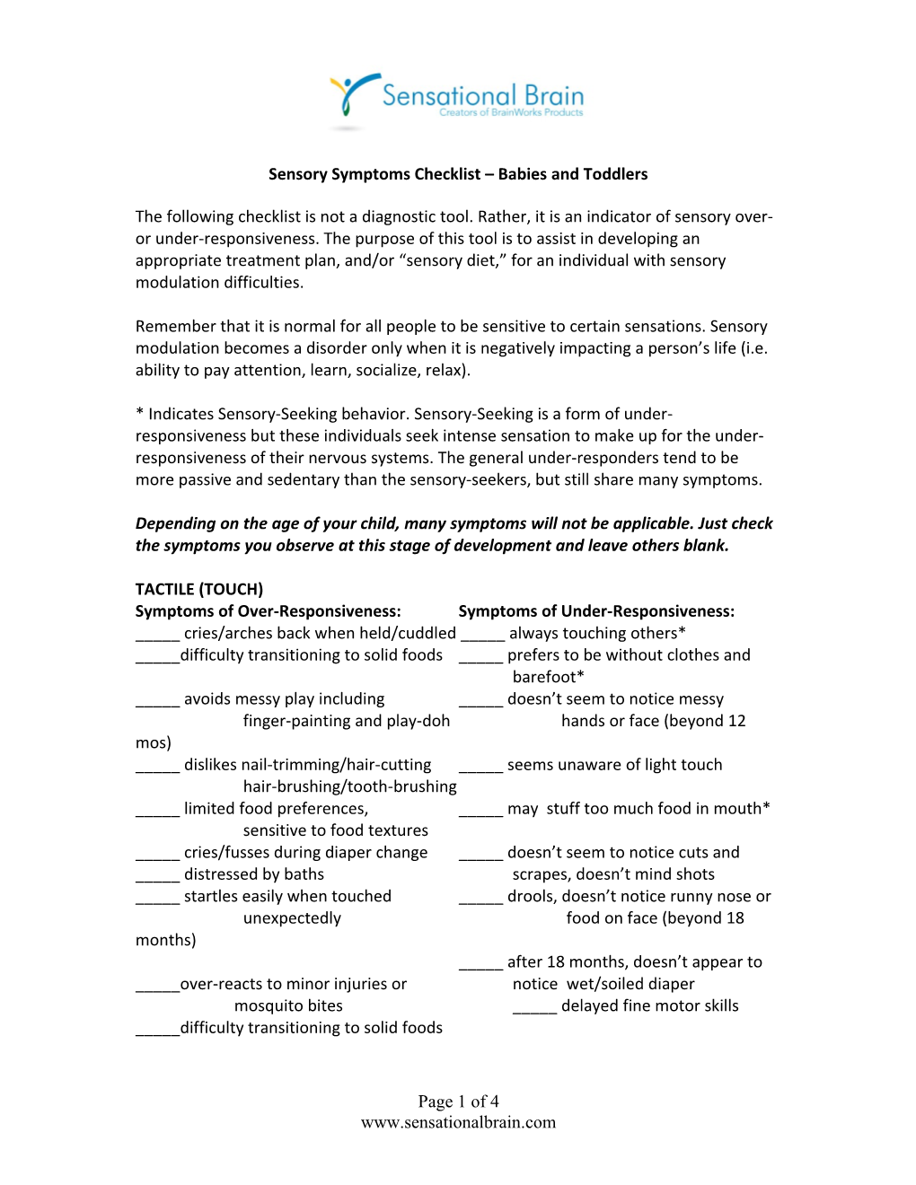 Sensory Symptoms Checklist Babies and Toddlers