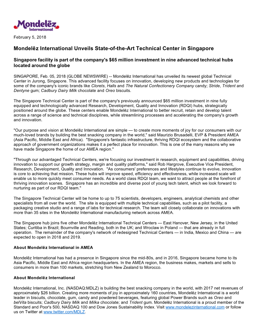 Mondelēz International Unveils State-Of-The-Art Technical Center in Singapore