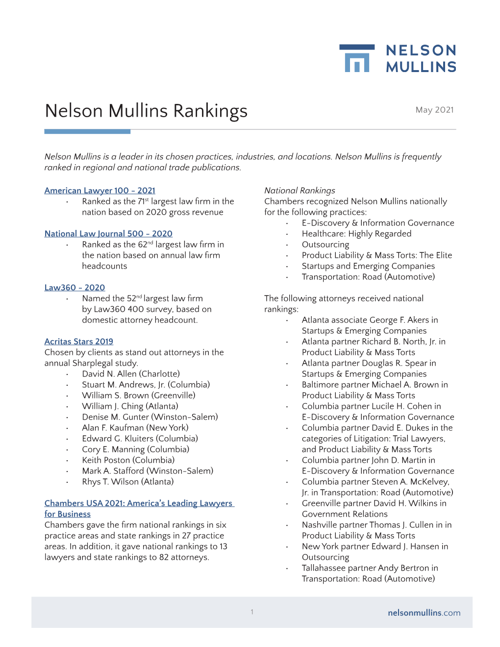 Nelson Mullins Rankings May 2021