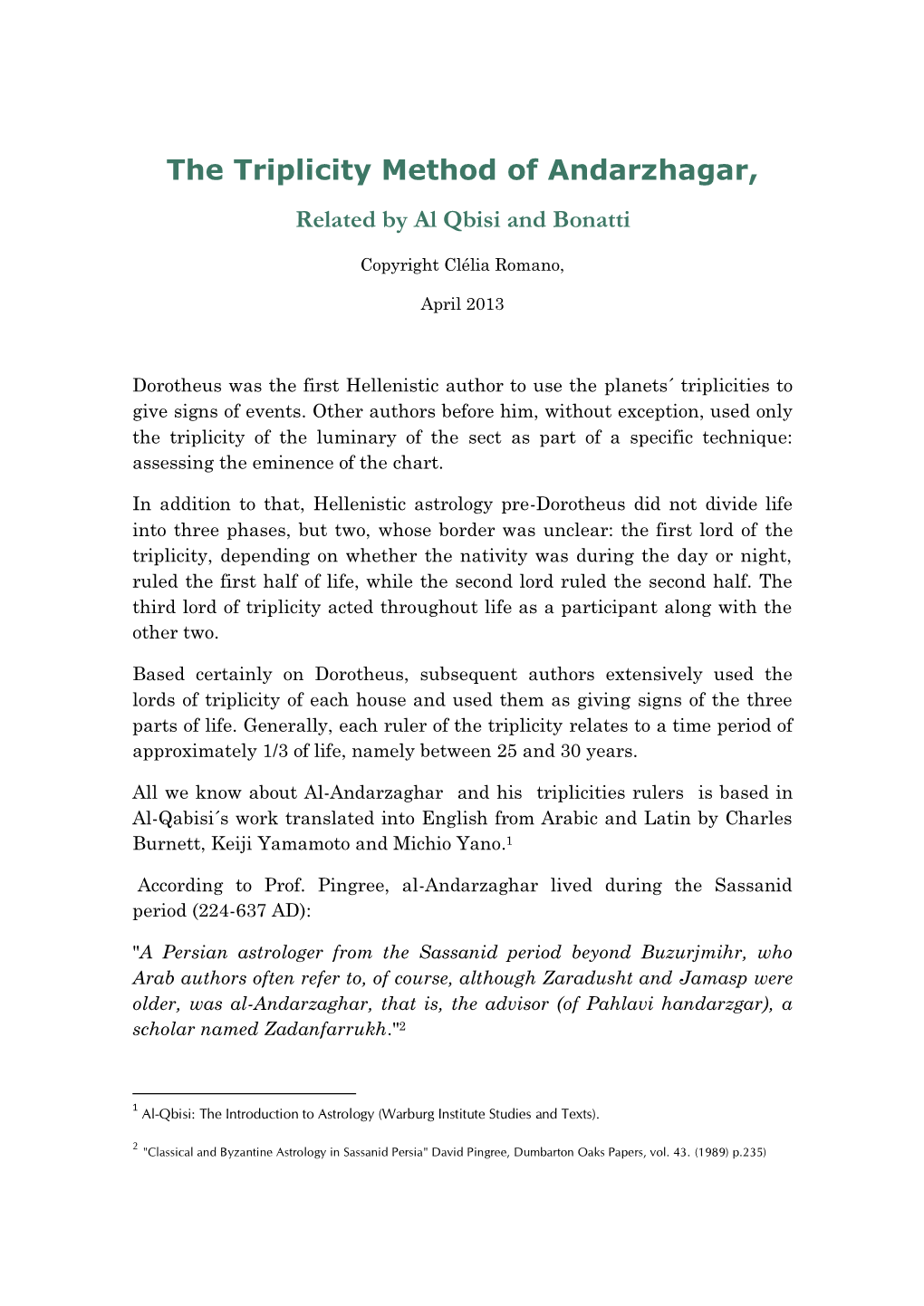 The Triplicity Method of Andarzhagar- As Related by Al Qbisi