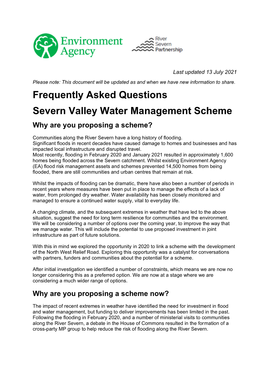 Frequently Asked Questions Severn Valley Water Management Scheme Why Are You Proposing a Scheme?