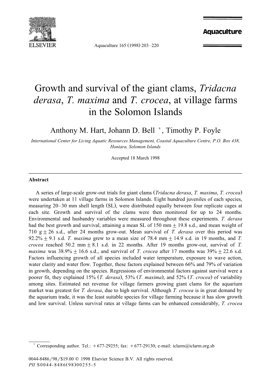 Growth and Survival of the Giant Clams, Tridacna Derasa, T. Maxima and T