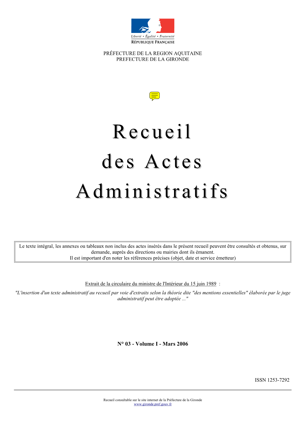 Recueil Des Actes Administratifs N° 03 - Volume I - Mars 2006 – Page 2