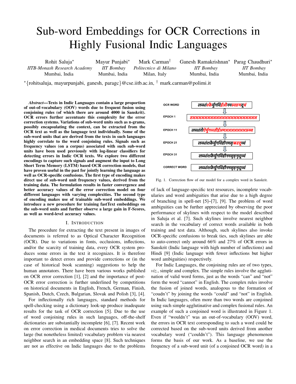 Sub-Word Embeddings for OCR Corrections in Highly Fusional Indic Languages