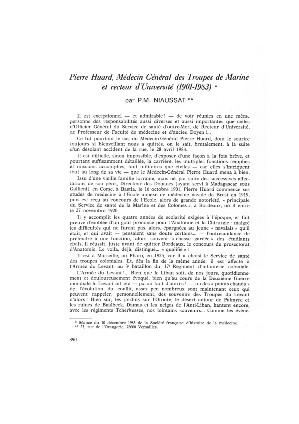 Pierre Huard, Médecin Général Des Troupes De Marine Et Recteur D'université (1901-1983) *
