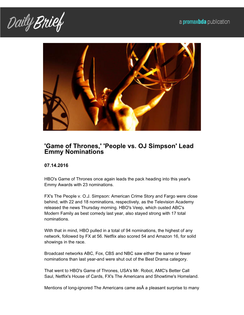 'Game of Thrones,' 'People Vs. OJ Simpson' Lead Emmy Nominations