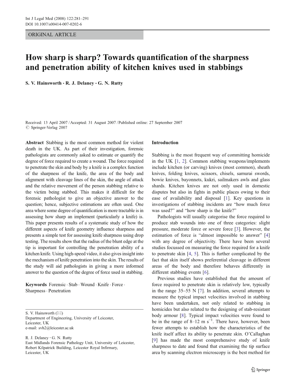 How Sharp Is Sharp? Towards Quantification of the Sharpness and Penetration Ability of Kitchen Knives Used in Stabbings