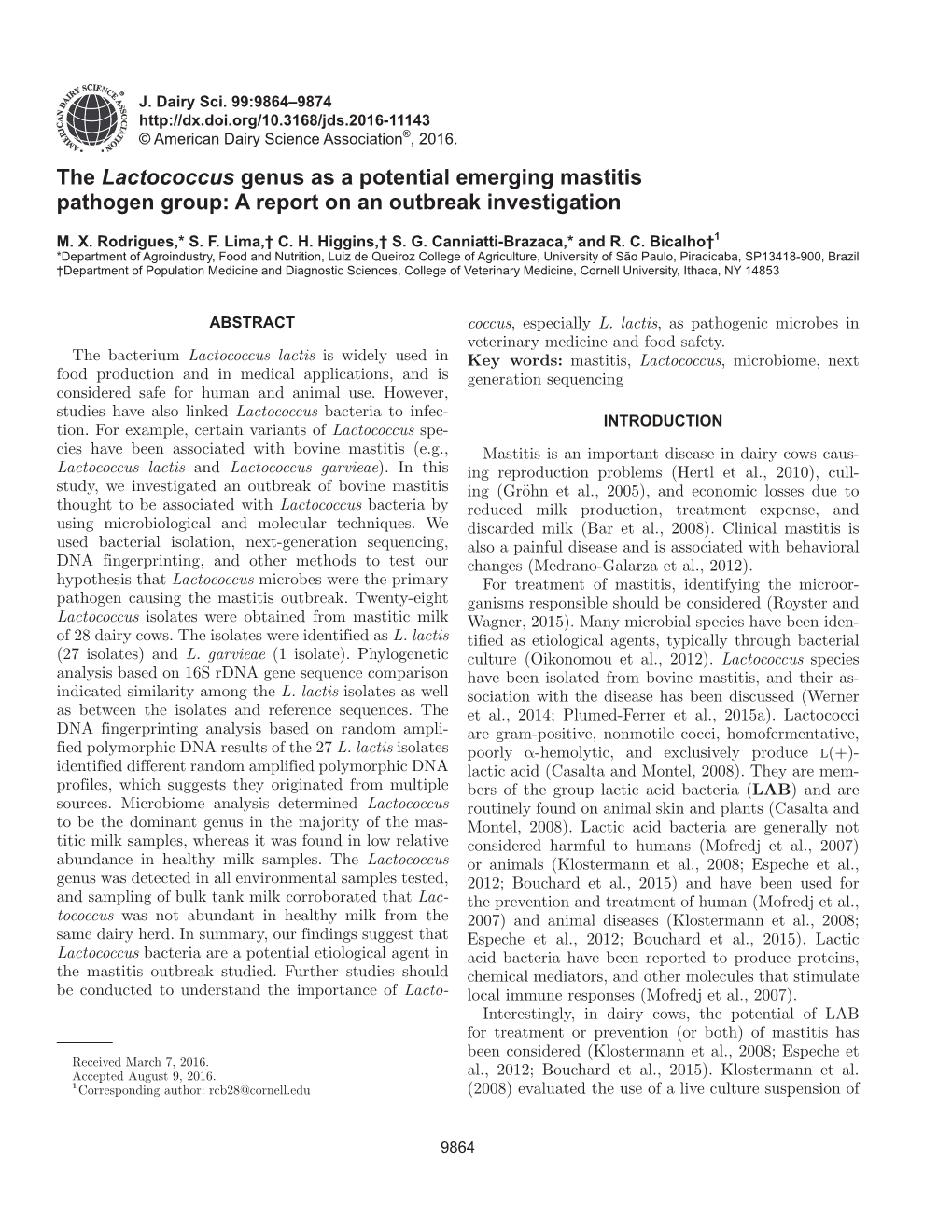 The Lactococcus Genus As a Potential Emerging Mastitis Pathogen Group: a Report on an Outbreak Investigation