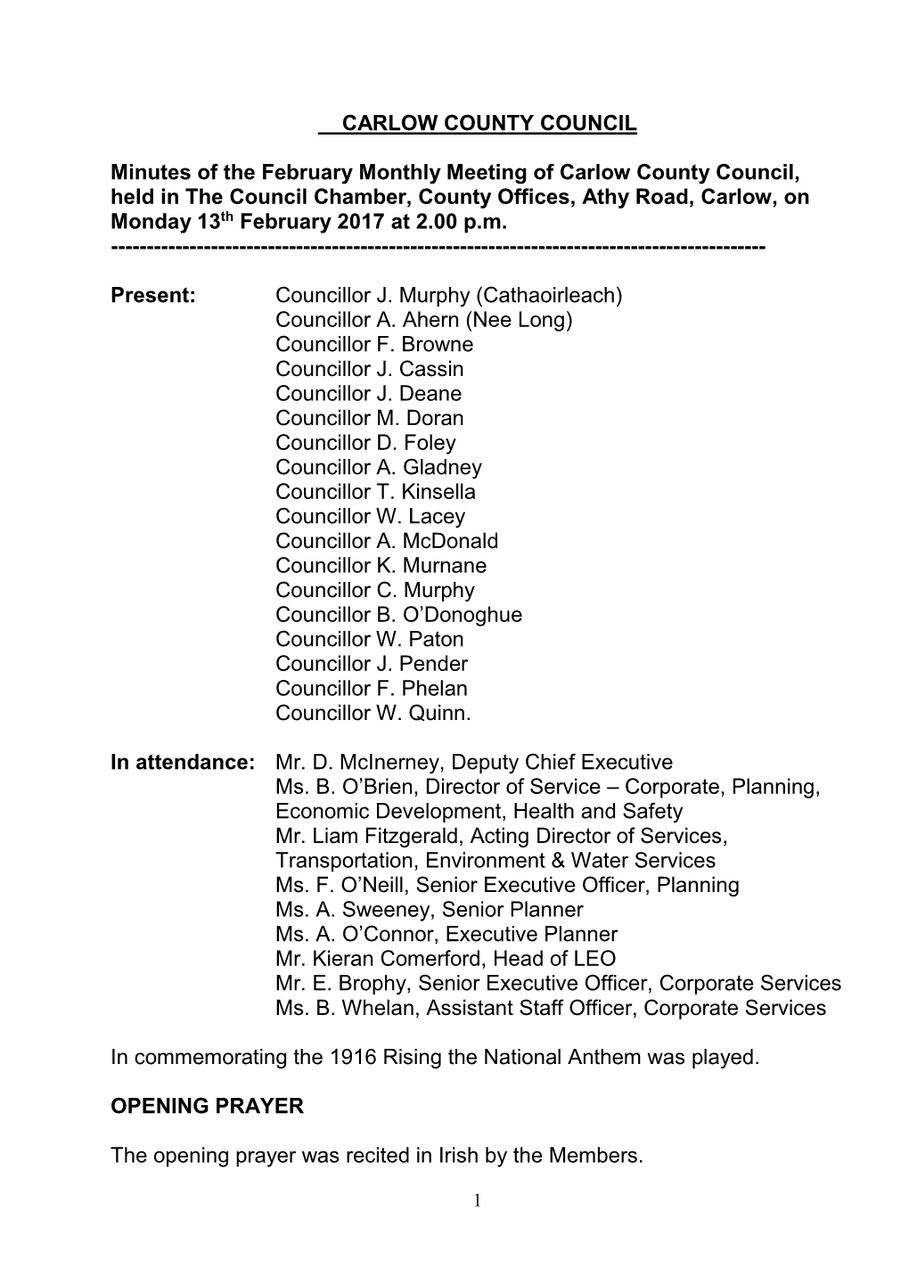 Minutes Carlow County Council February 2017