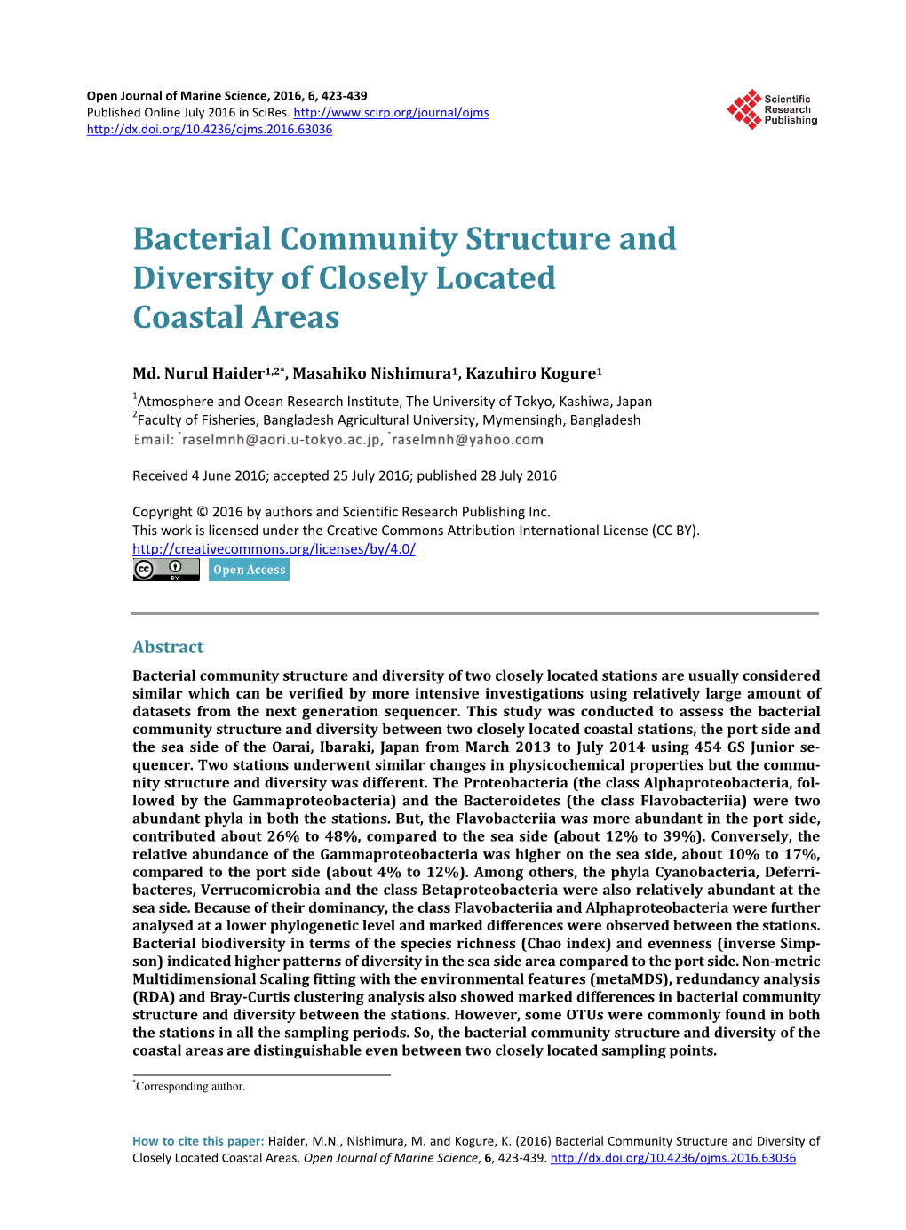 Bacterial Community Structure and Diversity of Closely Located Coastal Areas