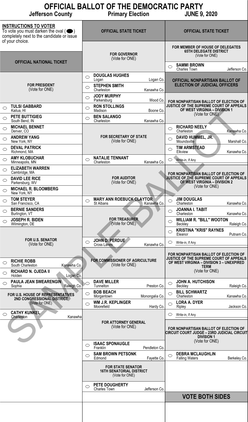 OFFICIAL BALLOT of the DEMOCRATIC PARTY 12 Jefferson County Primary Election JUNE 9,2020