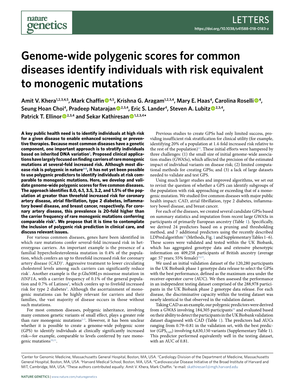 Genome-Wide Polygenic Scores for Common Diseases Identify Individuals with Risk Equivalent to Monogenic Mutations