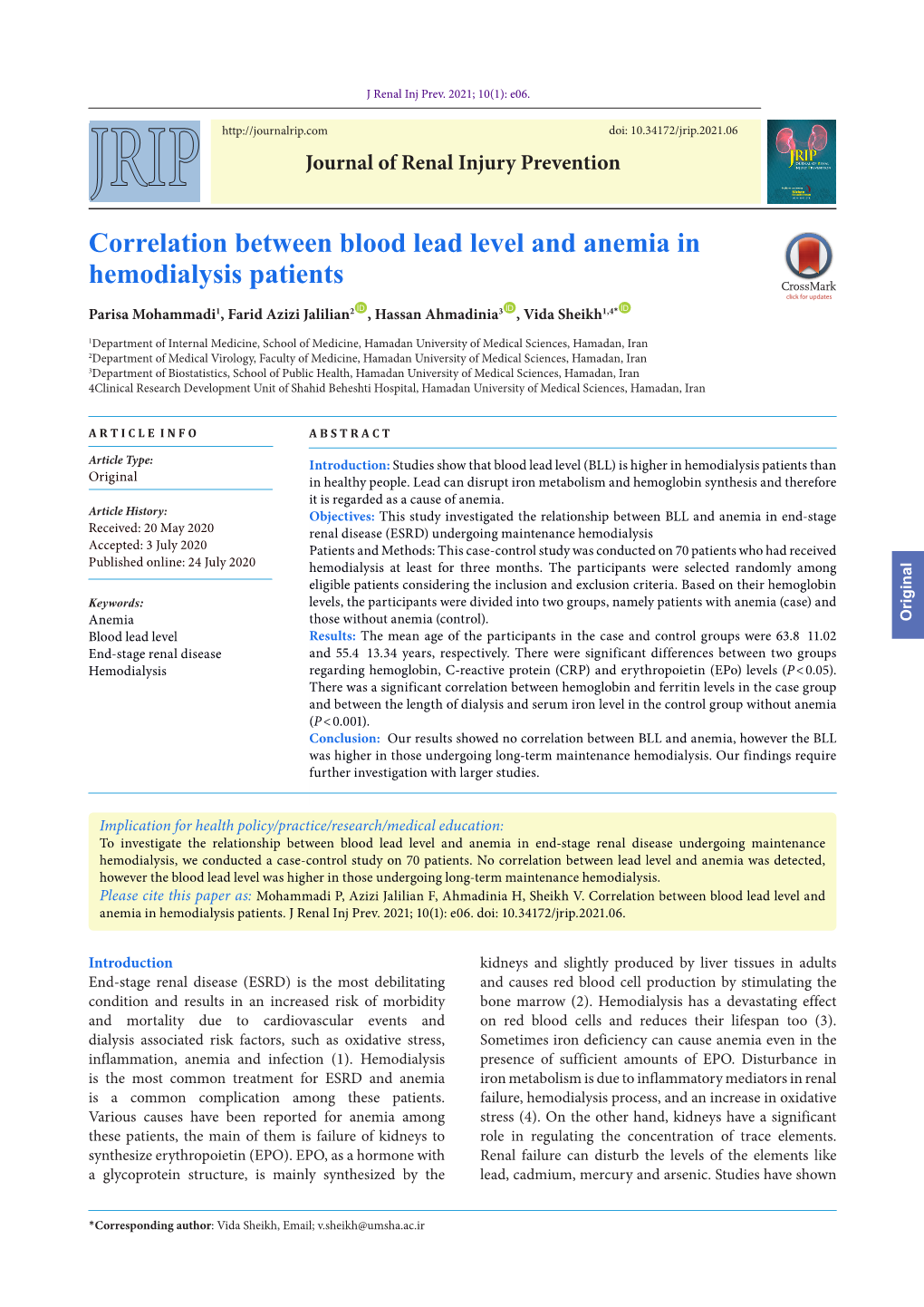 Correlation Between Blood Lead Level and Anemia in Hemodialysis Patients